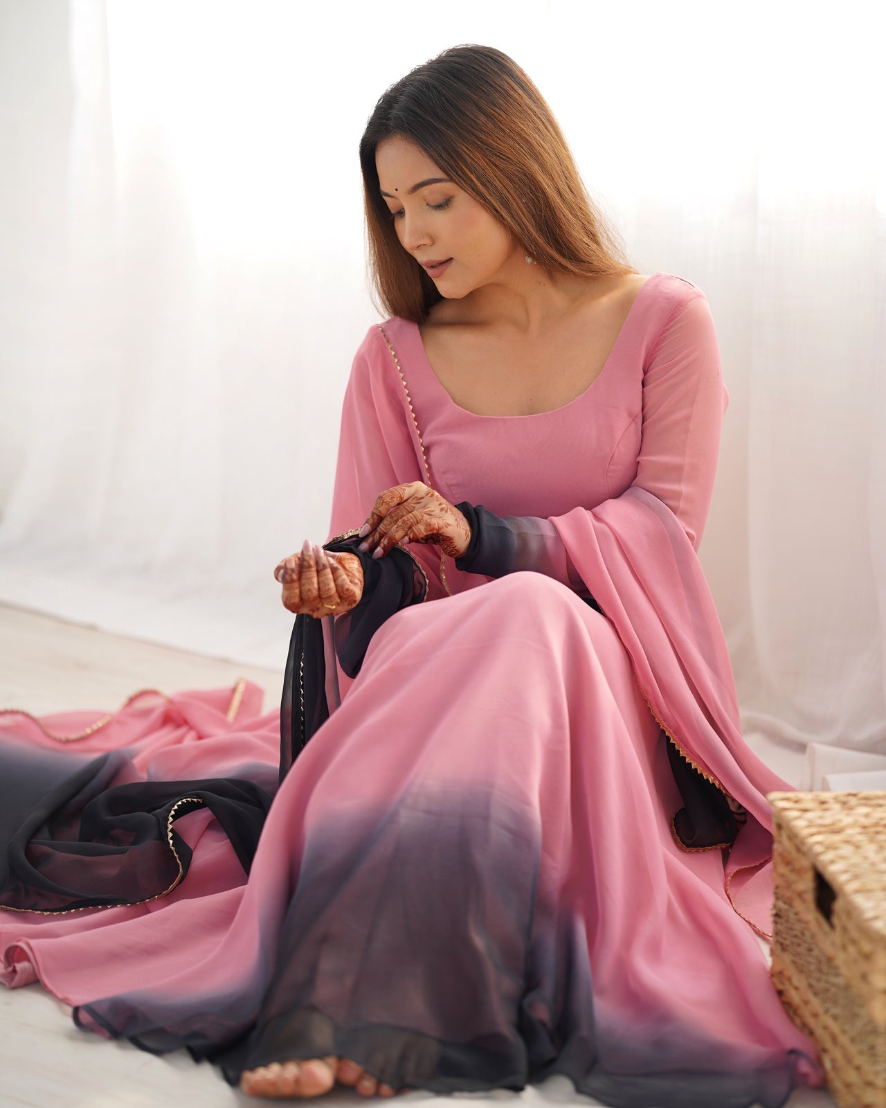 Lorenvalley Women Pure Soft Faux Georgette Colorful Padding Anarkali Kurta Pant With Dupatta Set - Onionpink