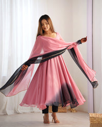 Thumbnail for Lorenvalley Women Pure Soft Faux Georgette Colorful Padding Anarkali Kurta Pant With Dupatta Set - Onionpink