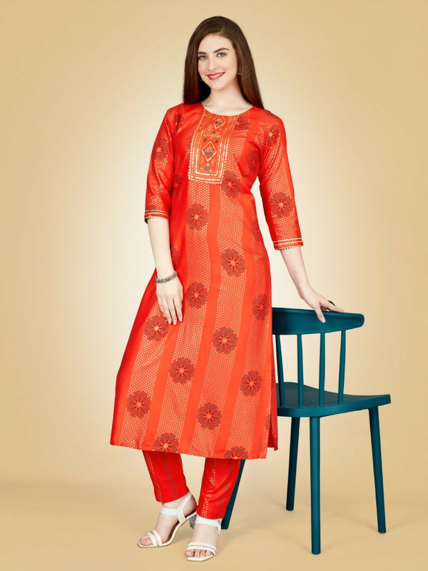 Jyoti Fashion Women's Orange Viscose Rayon Embroidered Kurta Pant Set - Distacart