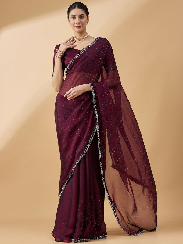 Purple Organza Swaroski Diamond Work Saree with Unstitched Blouse - Radha - Distacart