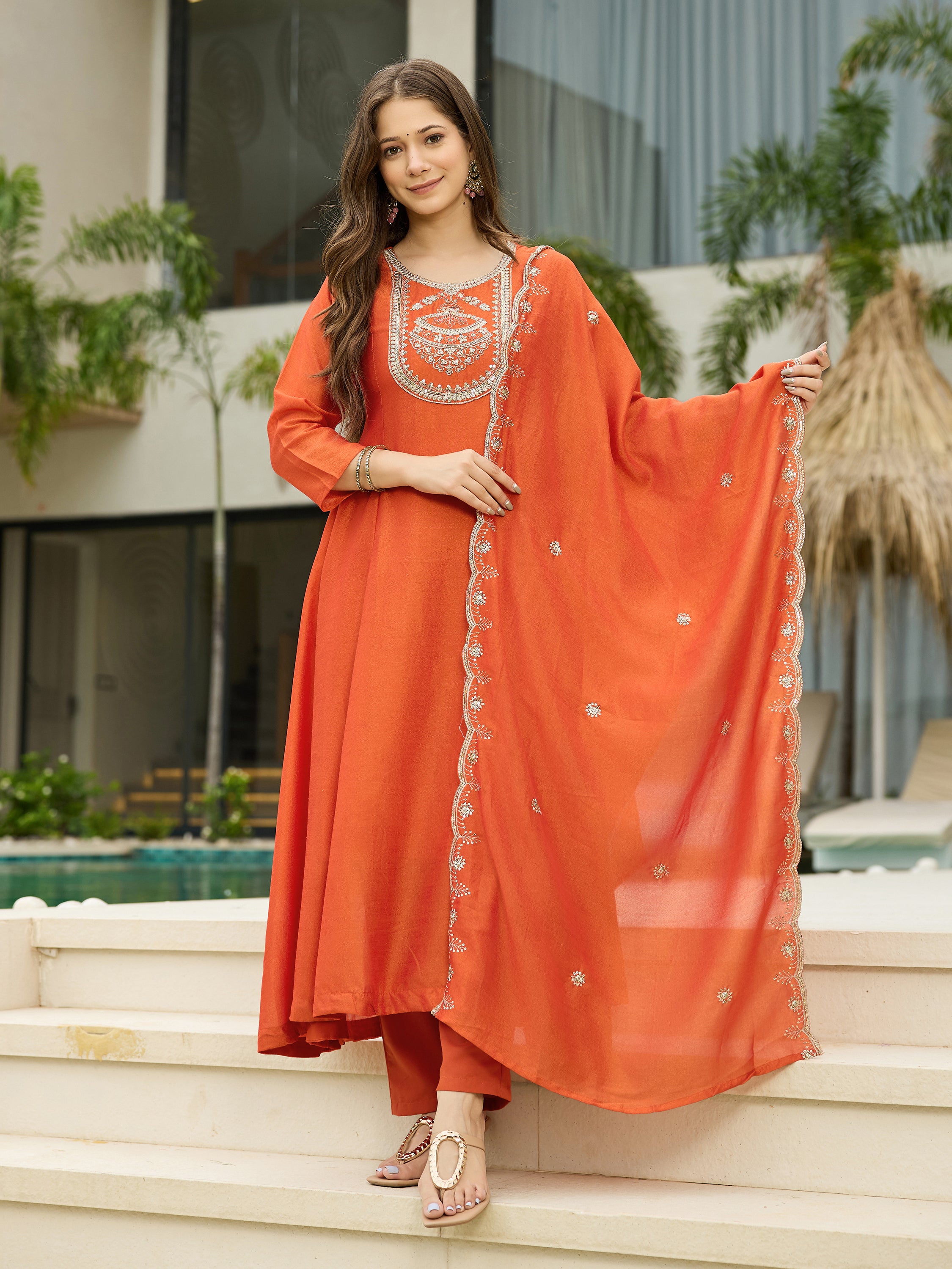 The52 Women's Orange Embroidered Vichitra Silk Fabric Straight Kurta, Pant and Dupatta Set