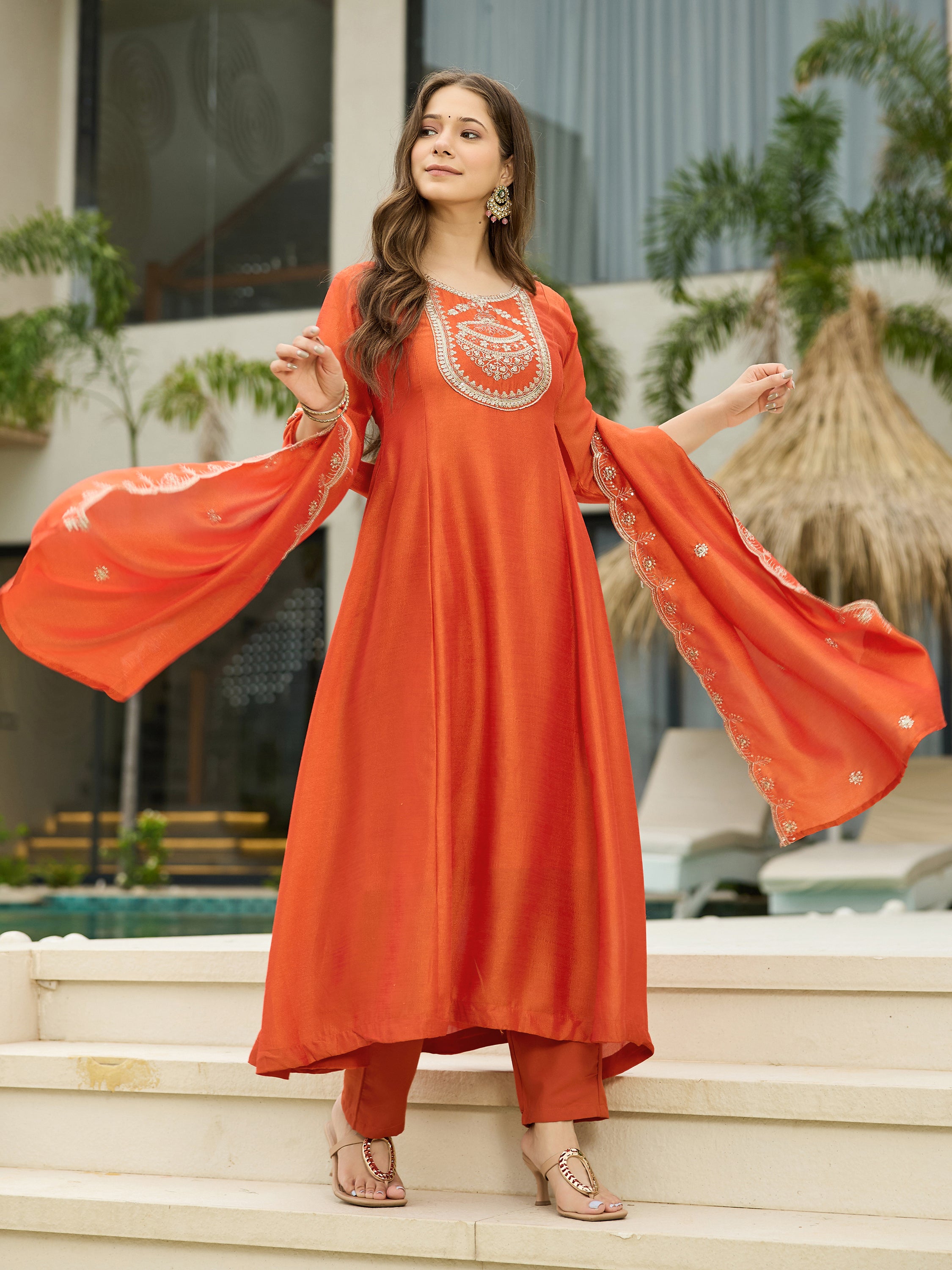 The52 Women's Orange Embroidered Vichitra Silk Fabric Straight Kurta, Pant and Dupatta Set