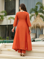 Thumbnail for The52 Women's Orange Embroidered Vichitra Silk Fabric Straight Kurta, Pant and Dupatta Set