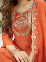 Thumbnail for The52 Women's Orange Embroidered Vichitra Silk Fabric Straight Kurta, Pant and Dupatta Set