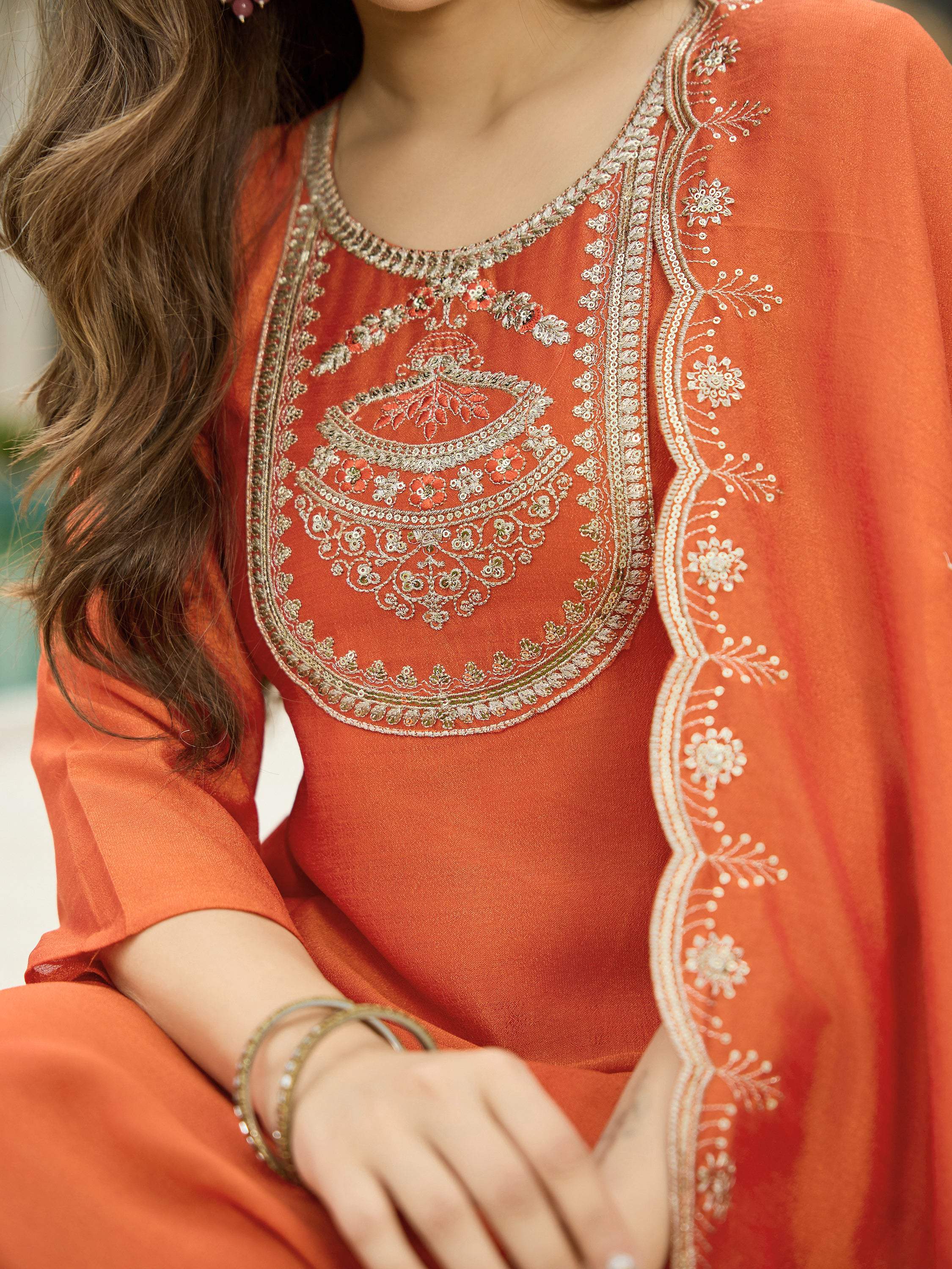 The52 Women's Orange Embroidered Vichitra Silk Fabric Straight Kurta, Pant and Dupatta Set