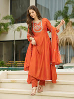 Thumbnail for The52 Women's Orange Embroidered Vichitra Silk Fabric Straight Kurta, Pant and Dupatta Set
