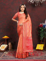 Thumbnail for Lorenvalley Fashion Orange Organza Silk Woven Design with Rich Meenakari Weaving Pallu Saree - Distacart