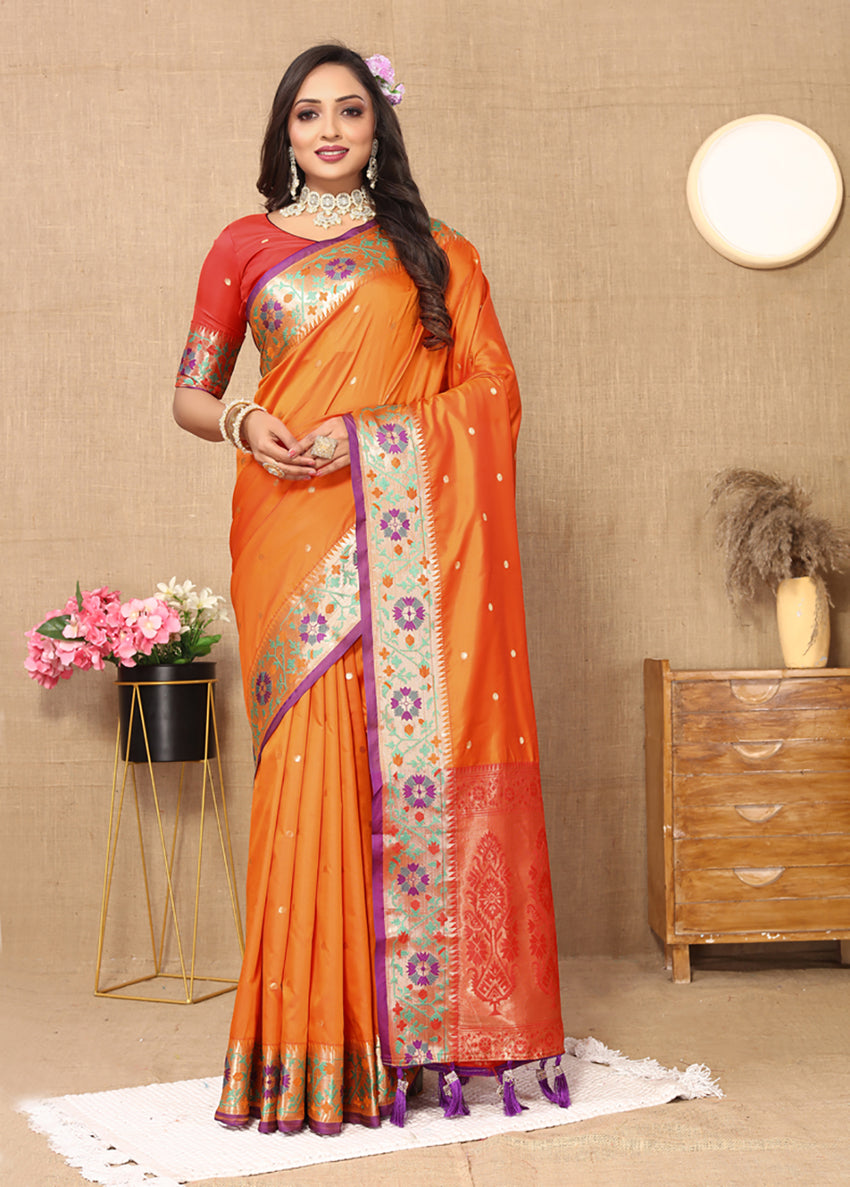 Lorenvalley Fashion Orange Soft Paithani Silk Woven Design Rich Meenakari Zari Weaving Pallu Saree