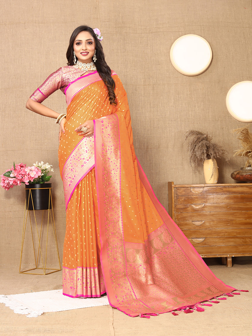 Lorenvalley Fashion Orange Soft Silk weaving Design Rich Zari Weaving Saree - Distacart