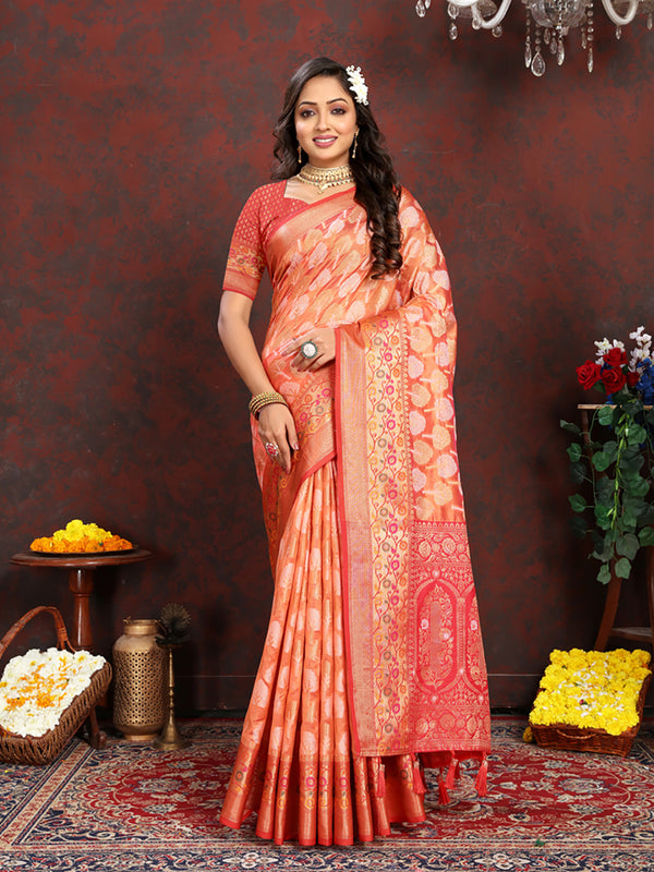 Lorenvalley Fashion Orange Organza Silk Woven Design with Rich Meenakari Weaving Pallu Saree - Distacart