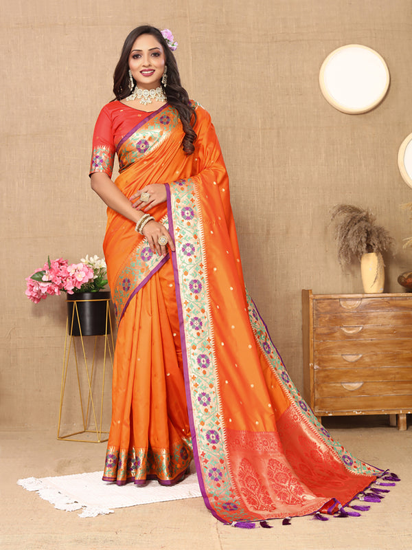 Lorenvalley Fashion Orange Soft Paithani Silk Woven Design Rich Meenakari Zari Weaving Pallu Saree - Distacart