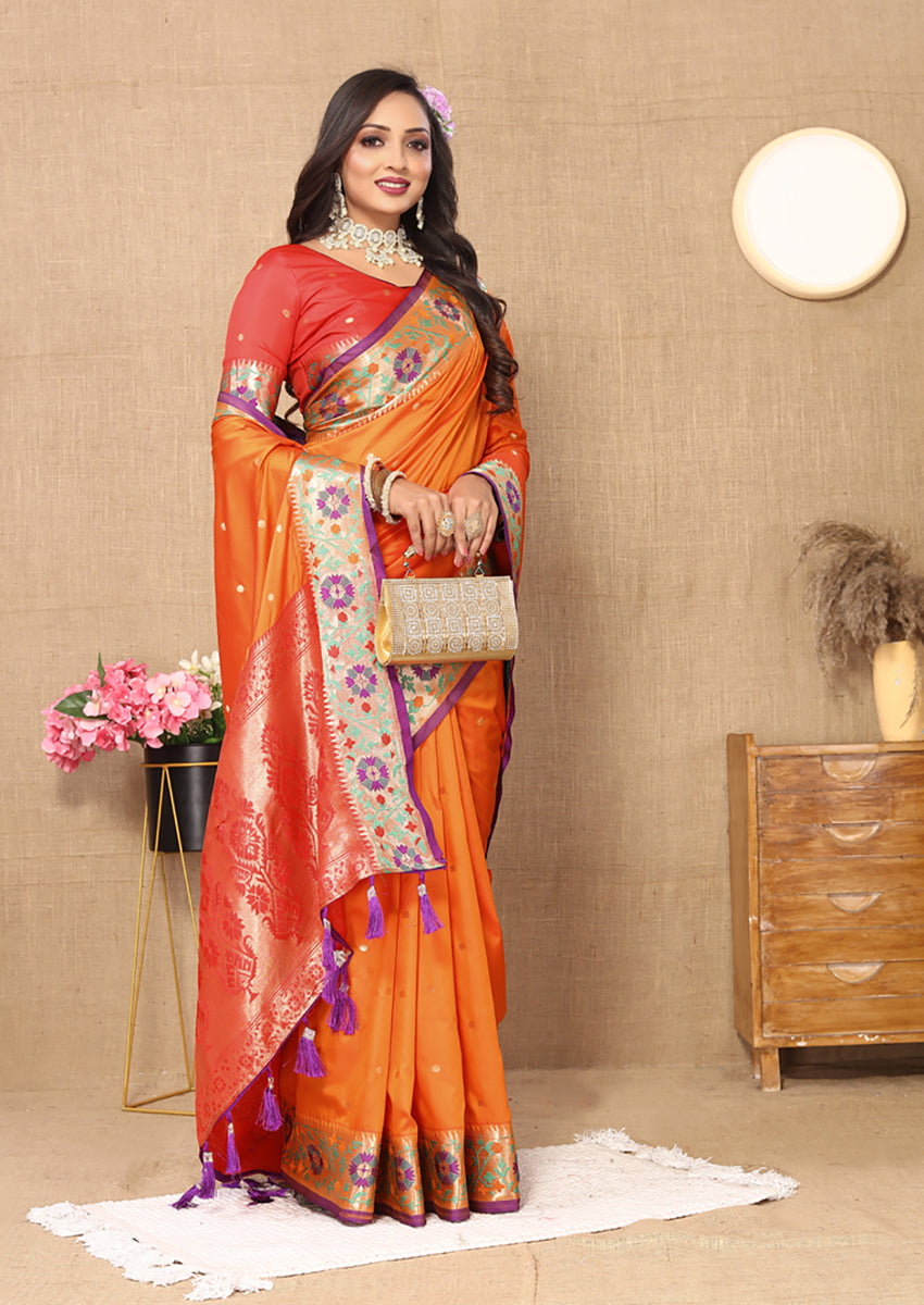 Lorenvalley Fashion Orange Soft Paithani Silk Woven Design Rich Meenakari Zari Weaving Pallu Saree - Distacart