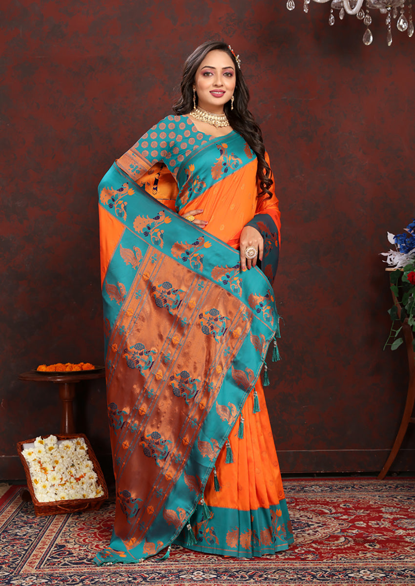 Lorenvalley Fashion Orange Soft Paithani Silk Woven Design Rich Zari Meenakari Weaving Saree