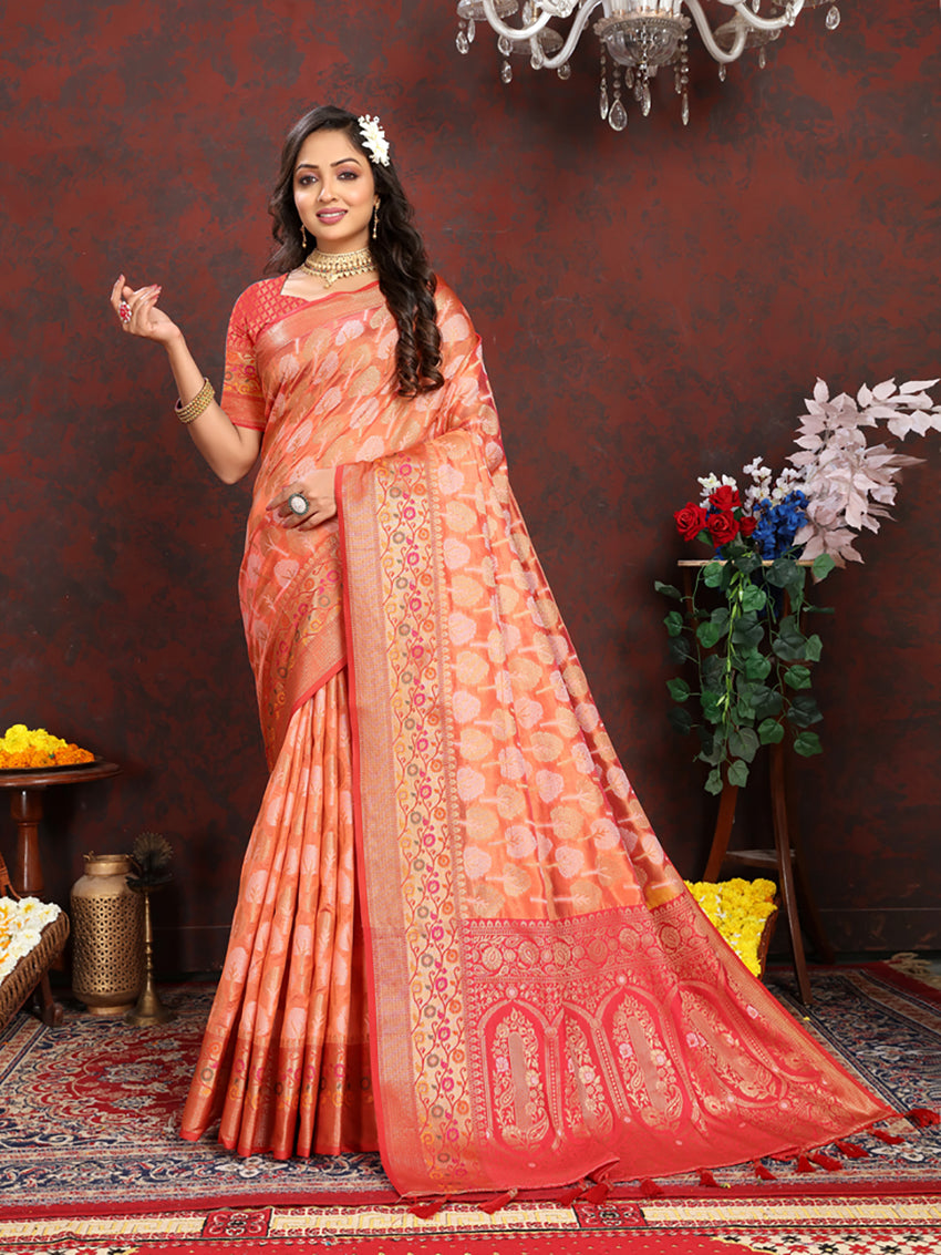 Lorenvalley Fashion Orange Organza Silk Woven Design with Rich Meenakari Weaving Pallu Saree