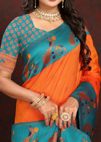 Thumbnail for Lorenvalley Fashion Orange Soft Paithani Silk Woven Design Rich Zari Meenakari Weaving Saree