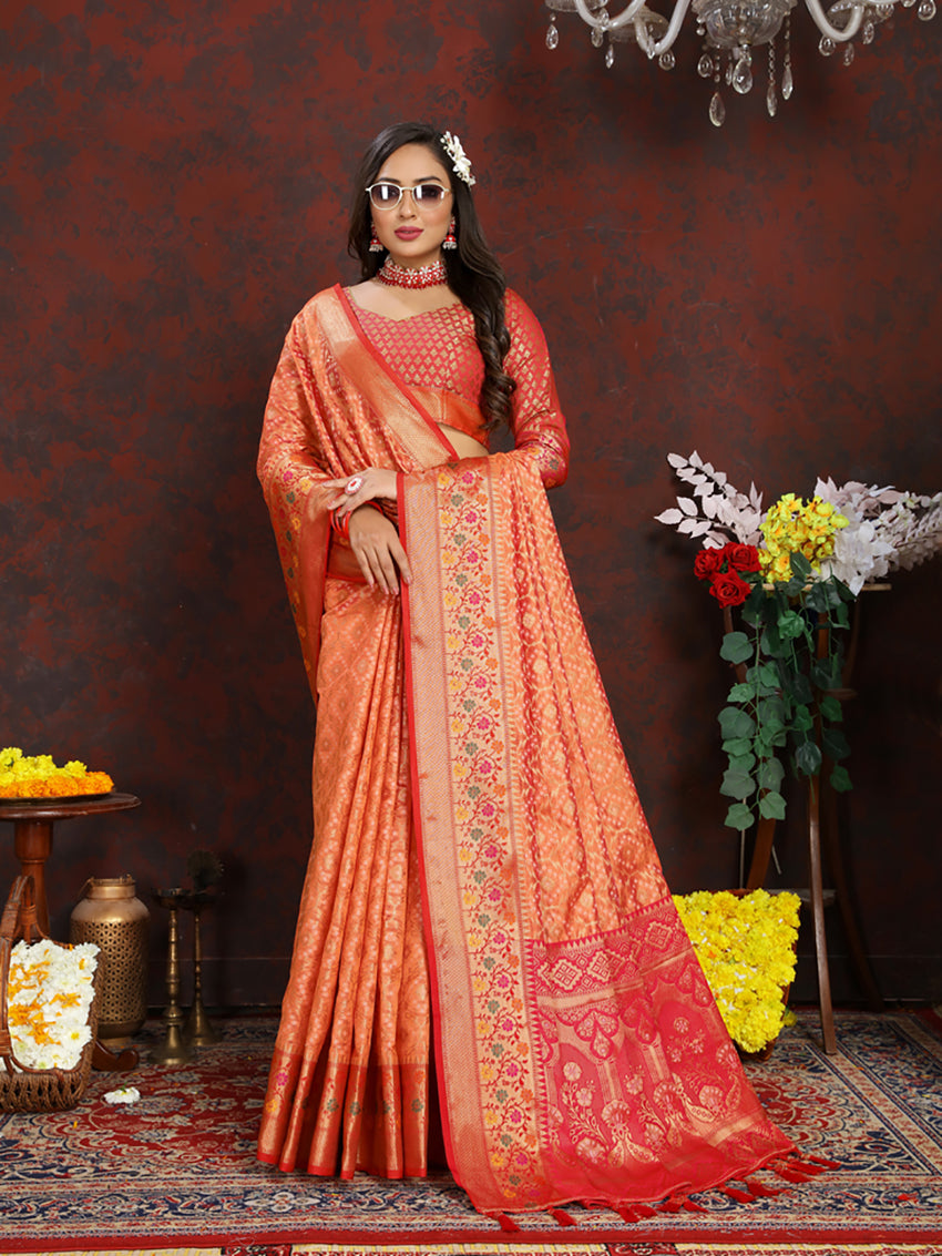 Lorenvalley Fashion Orange Organza Silk Woven Design with Rich Meenakari Weaving Pallu Saree - Distacart