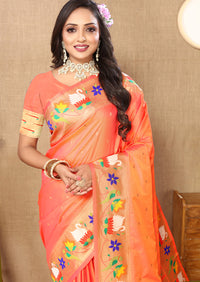 Thumbnail for Lorenvalley Fashion Orange Soft Paithani Silk Woven Design Rich Zari Meenakari Weaving Saree