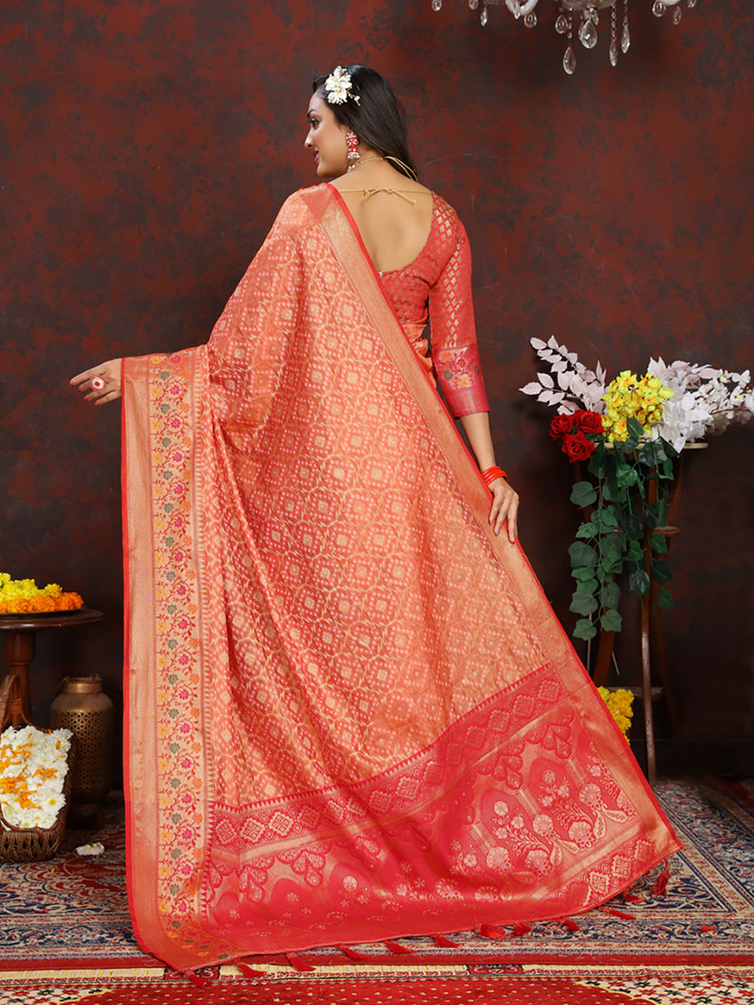 Lorenvalley Fashion Orange Organza Silk Woven Design with Rich Meenakari Weaving Pallu Saree - Distacart