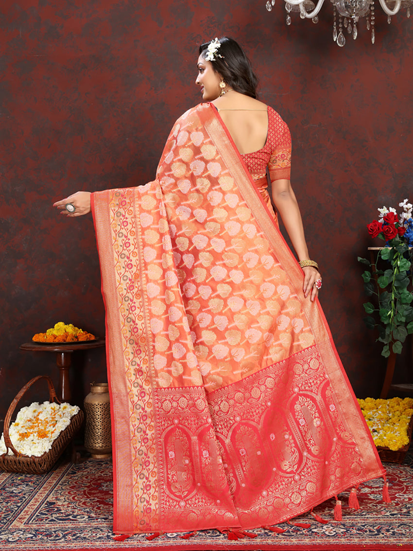 Lorenvalley Fashion Orange Organza Silk Woven Design with Rich Meenakari Weaving Pallu Saree