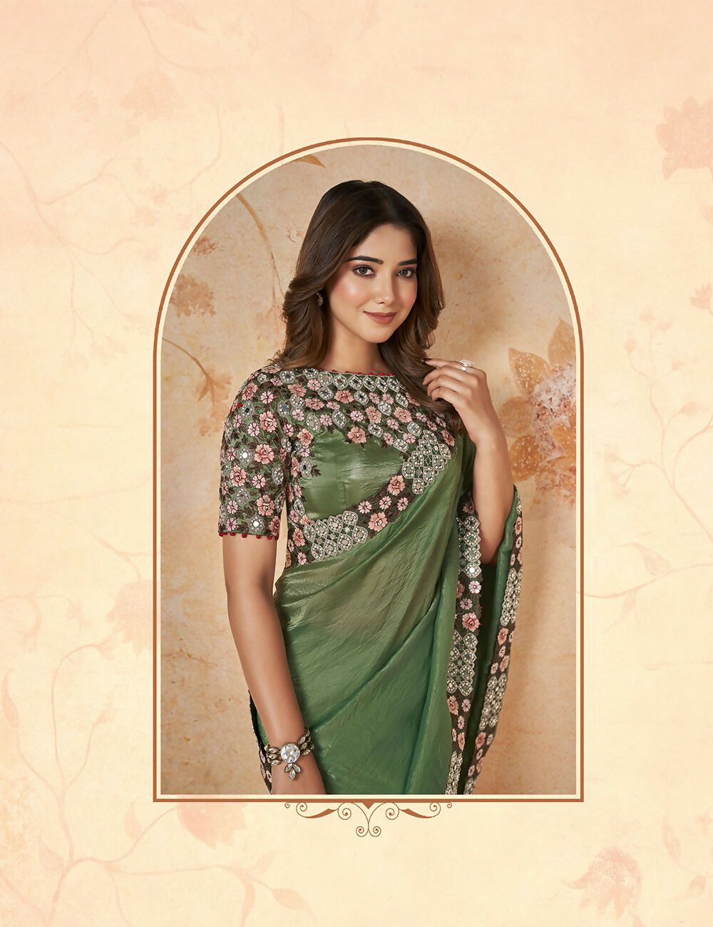 Green Banarasi Crush Silk Thread, Sequence, Cord Embroidered with Stone & Mirror Work Saree - Mohmanthan Dakshika - Distacart