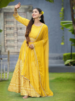 Thumbnail for Juniper Mustard Bandhani Printed Shantoon Slub Lehenga Choli & Net Dupatta Set. - Distacart