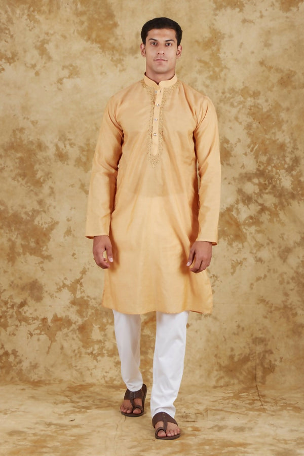 Bluesaanchi Men's Chandery Silk Khaki Embroidered Kurta Set - Distacart