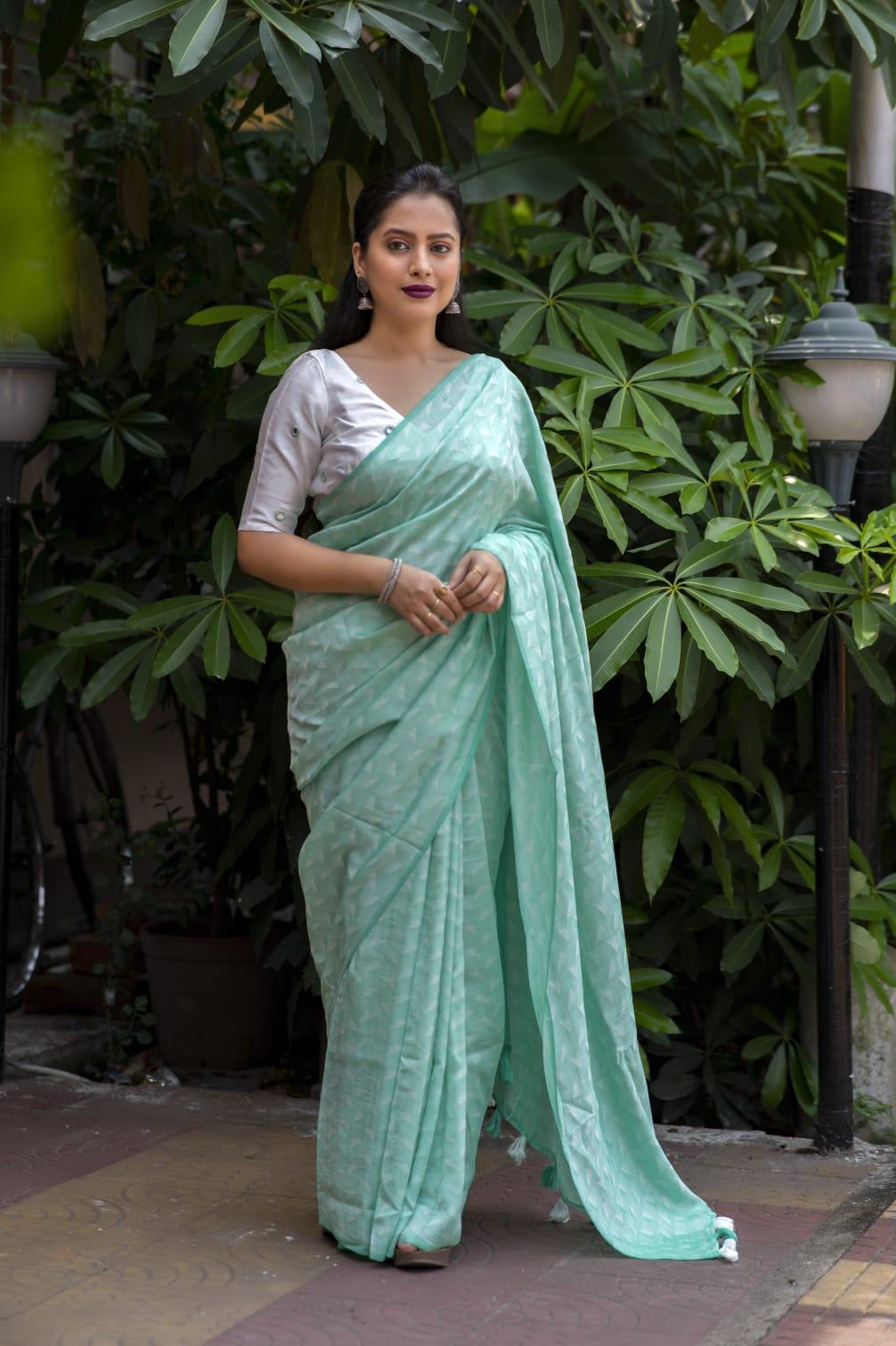 Green Poly Georgette Woven Design Saree with Unstitched Blouse - A2M