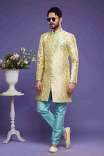 Thumbnail for Raivat Ethnic Banarasi Jacquard Embroidery Semi Indo Western Sherwani In Gold Colour