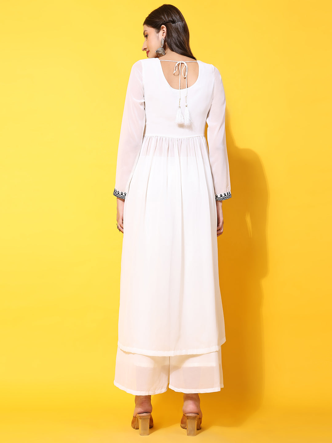 Women Off-White georgette Aari work A-Line Kurta with Sharara - Rasiya