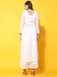 Thumbnail for Women Off-White georgette Aari work A-Line Kurta with Sharara - Rasiya