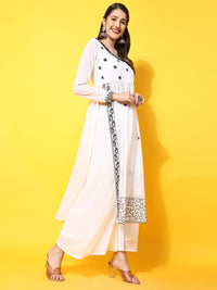 Thumbnail for Women Off-White georgette Aari work A-Line Kurta with Sharara - Rasiya