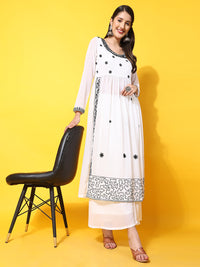 Thumbnail for Women Off-White georgette Aari work A-Line Kurta with Sharara - Rasiya