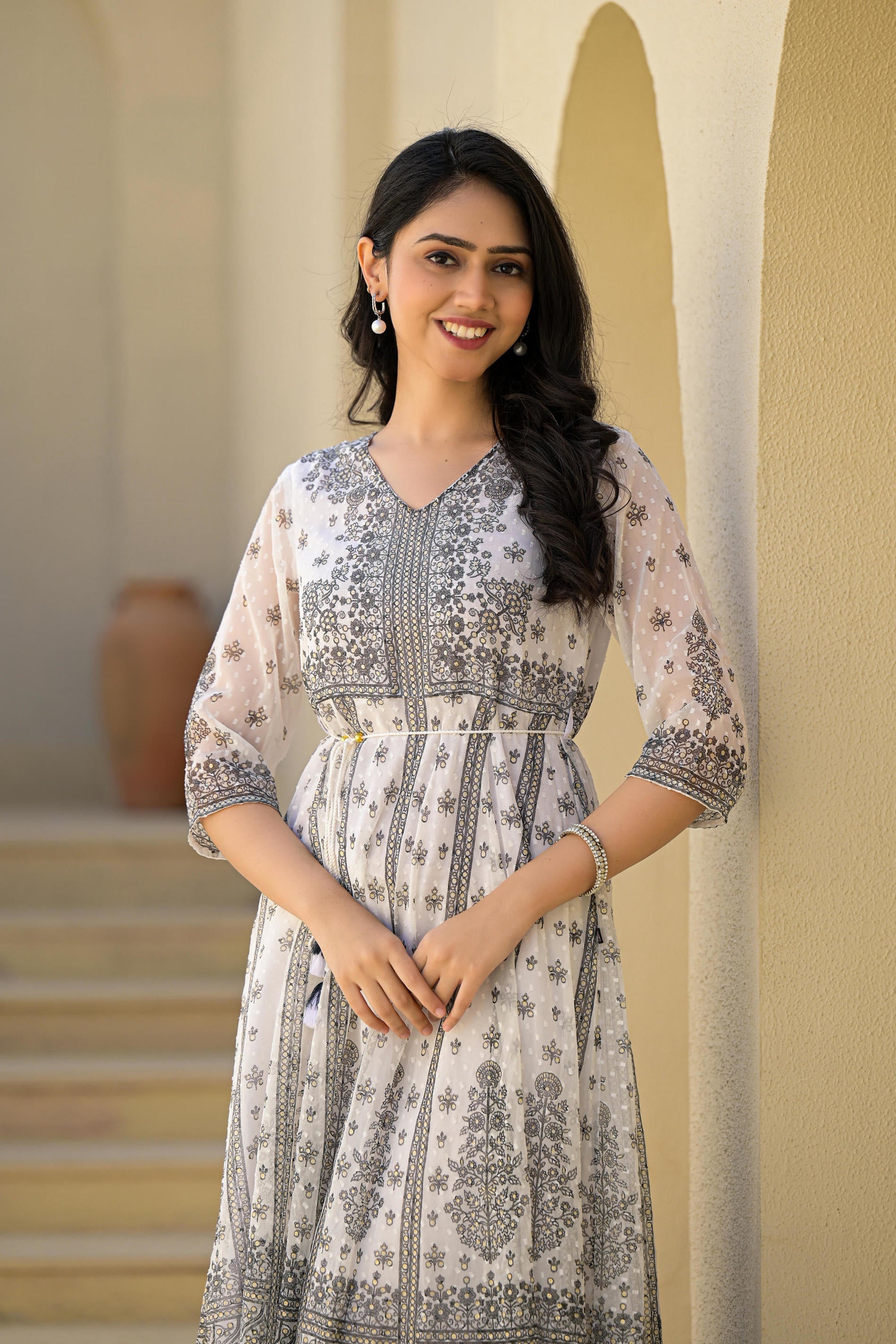 Juniper White Ethnic Motif Printed Chiffon Long Dress With Dori