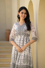 Thumbnail for Juniper White Ethnic Motif Printed Chiffon Long Dress With Dori