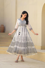 Thumbnail for Juniper White Ethnic Motif Printed Chiffon Long Dress With Dori