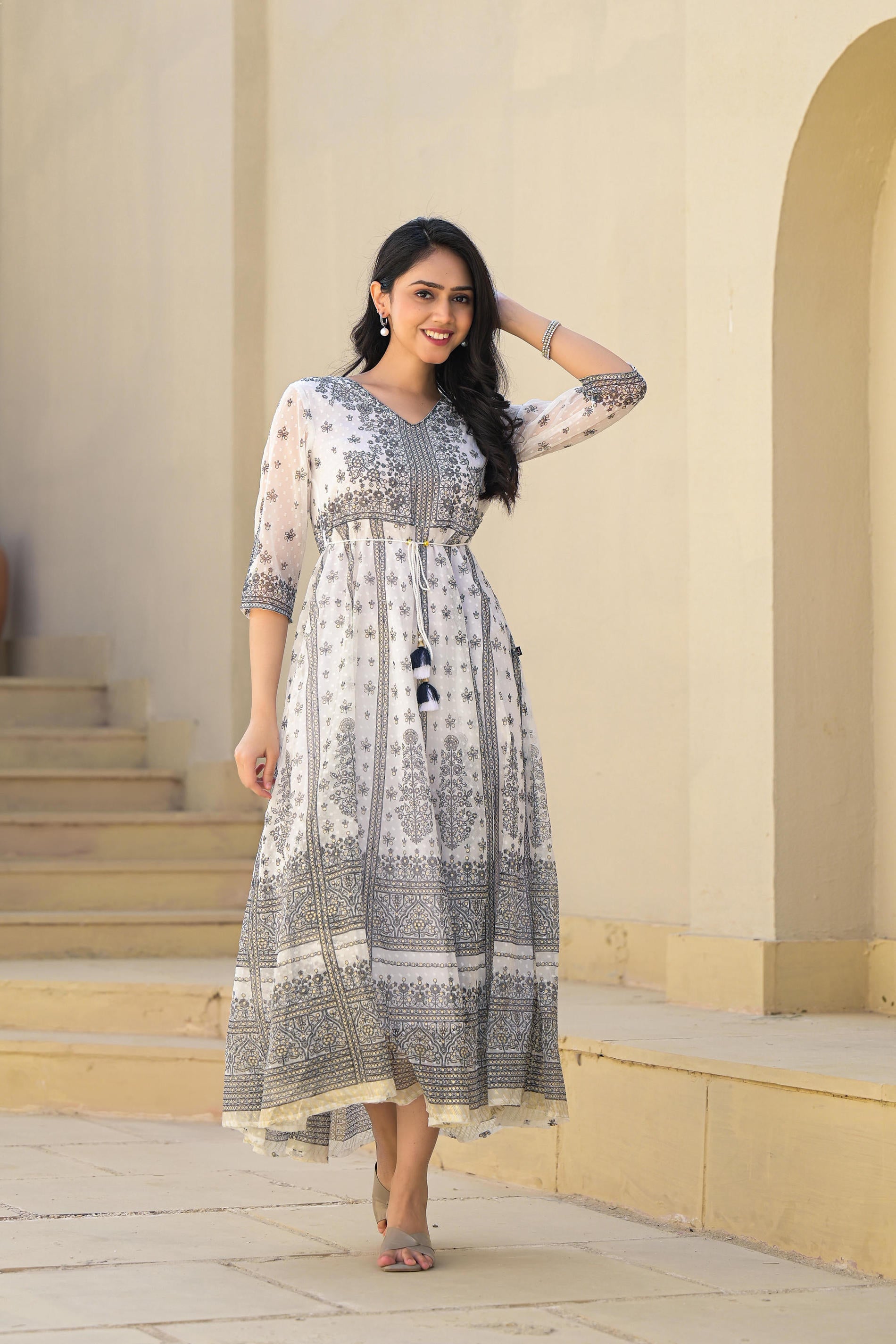 Juniper White Ethnic Motif Printed Chiffon Long Dress With Dori