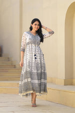 Thumbnail for Juniper White Ethnic Motif Printed Chiffon Long Dress With Dori