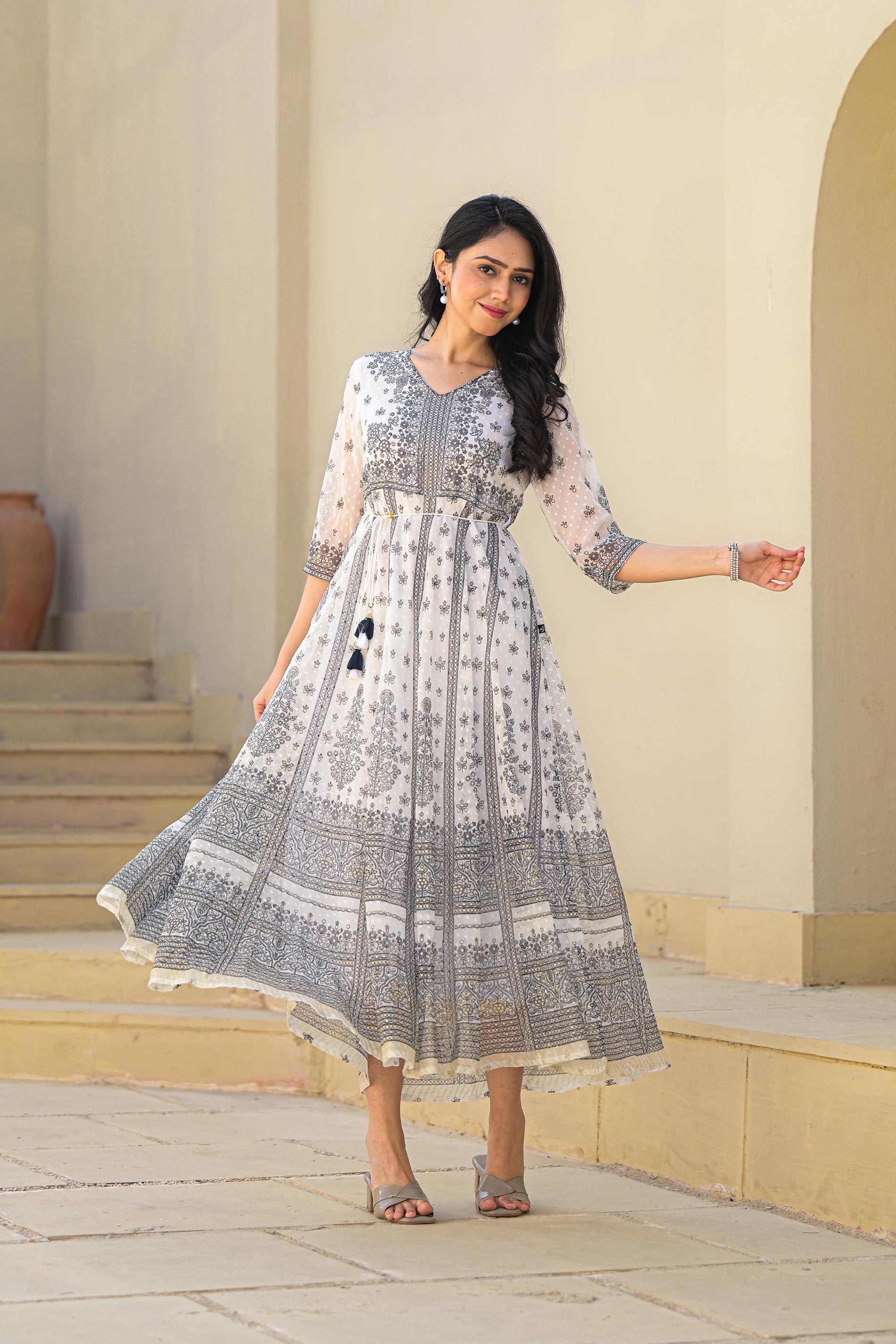 Juniper White Ethnic Motif Printed Chiffon Long Dress With Dori