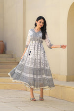 Thumbnail for Juniper White Ethnic Motif Printed Chiffon Long Dress With Dori