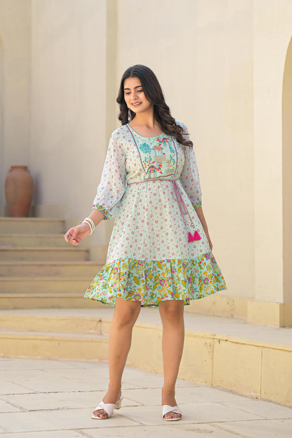 Juniper Mint Green Ethnic Motif Printed Short Dress With Dori