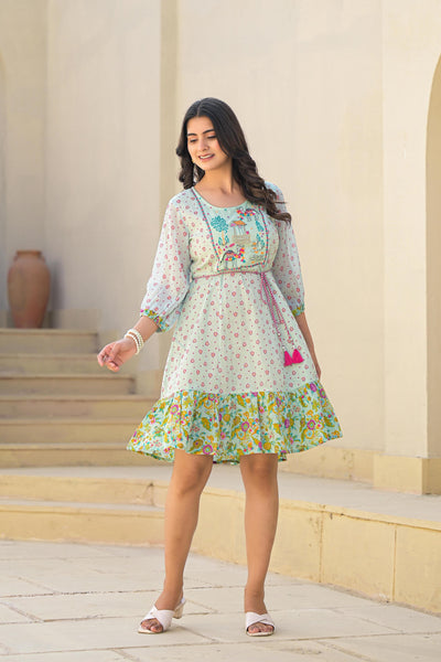 Juniper Mint Green Ethnic Motif Printed Short Dress With Dori