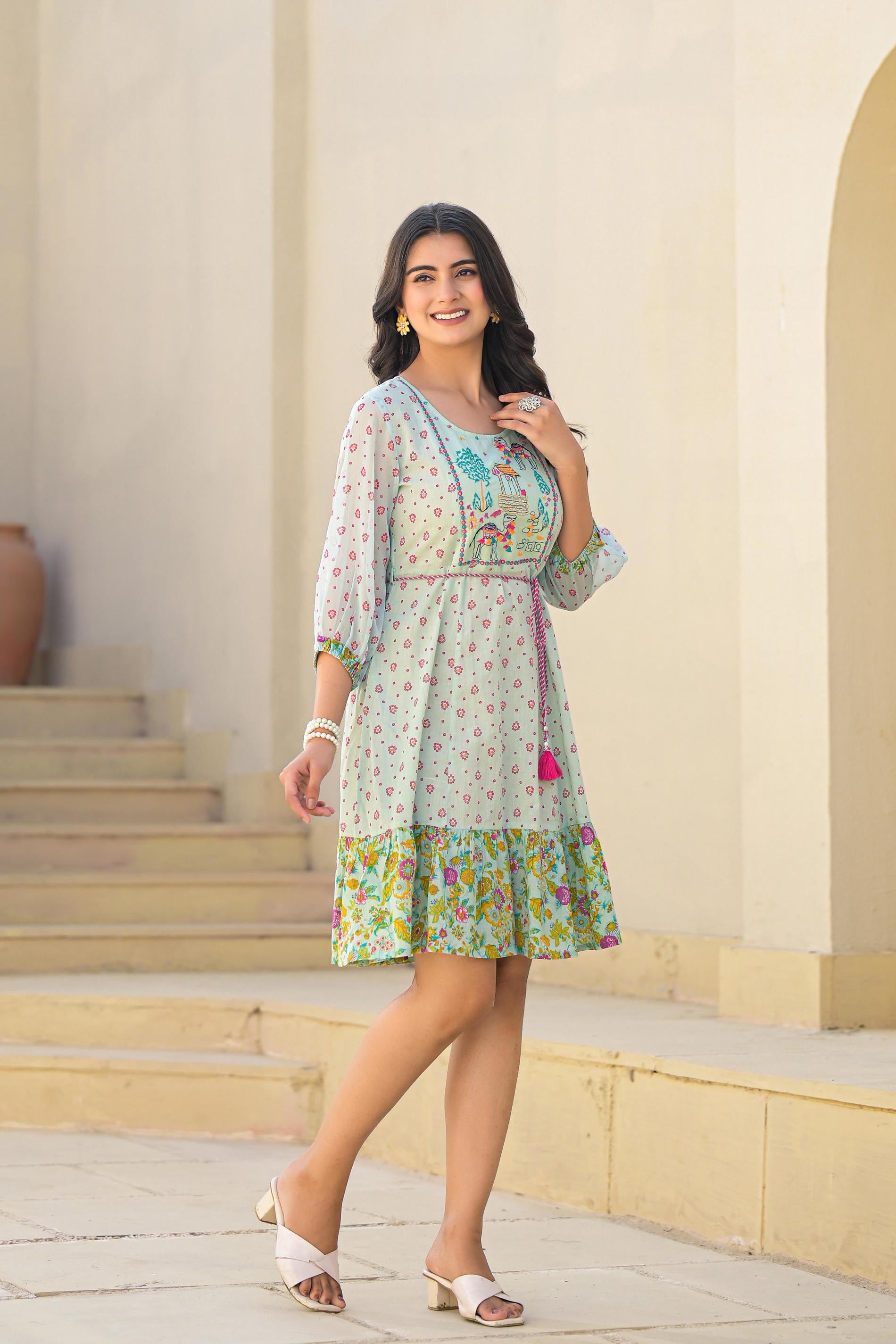 Juniper Mint Green Ethnic Motif Printed Short Dress With Dori