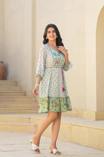 Thumbnail for Juniper Mint Green Ethnic Motif Printed Short Dress With Dori