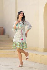 Thumbnail for Juniper Mint Green Ethnic Motif Printed Short Dress With Dori