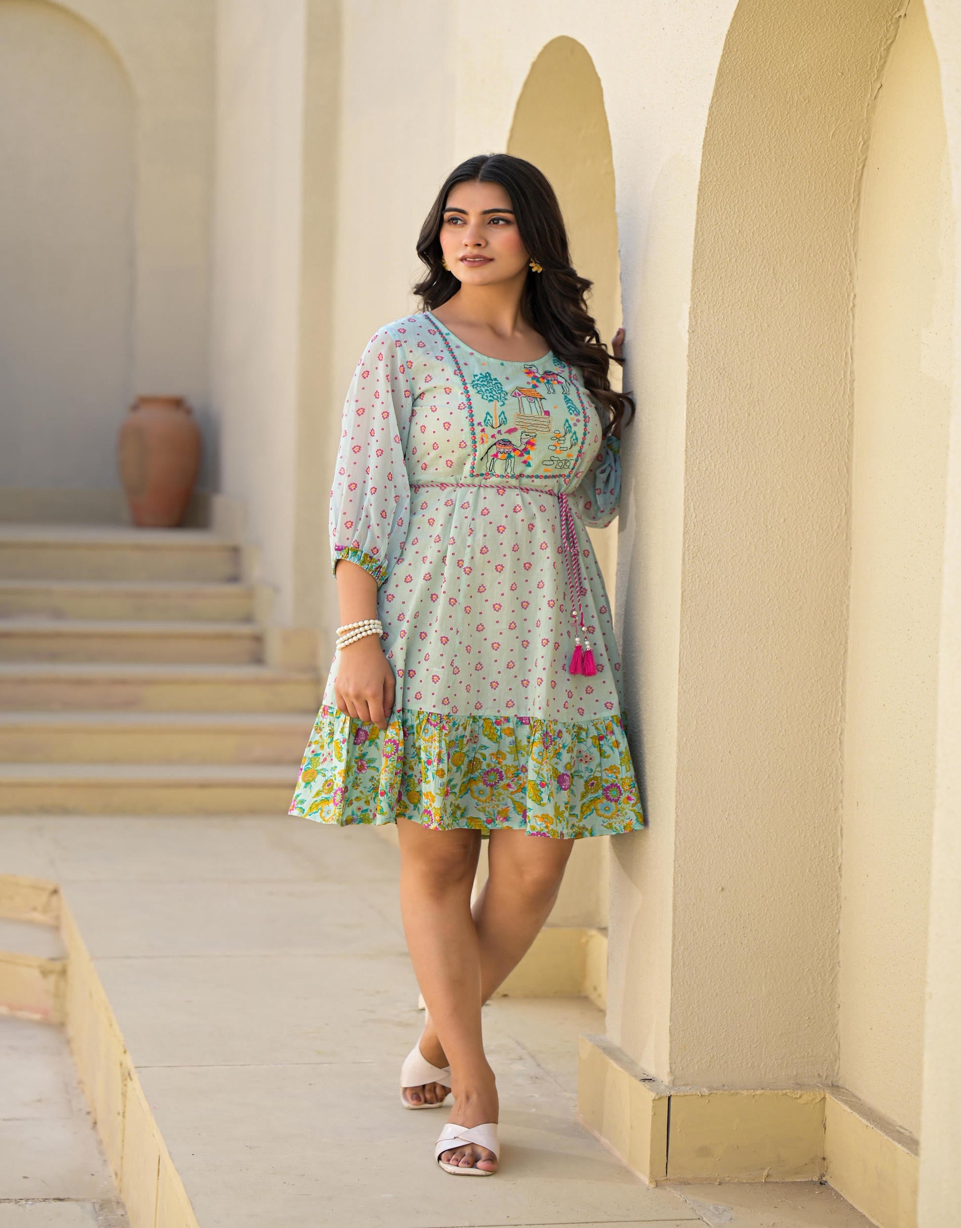 Juniper Mint Green Ethnic Motif Printed Short Dress With Dori