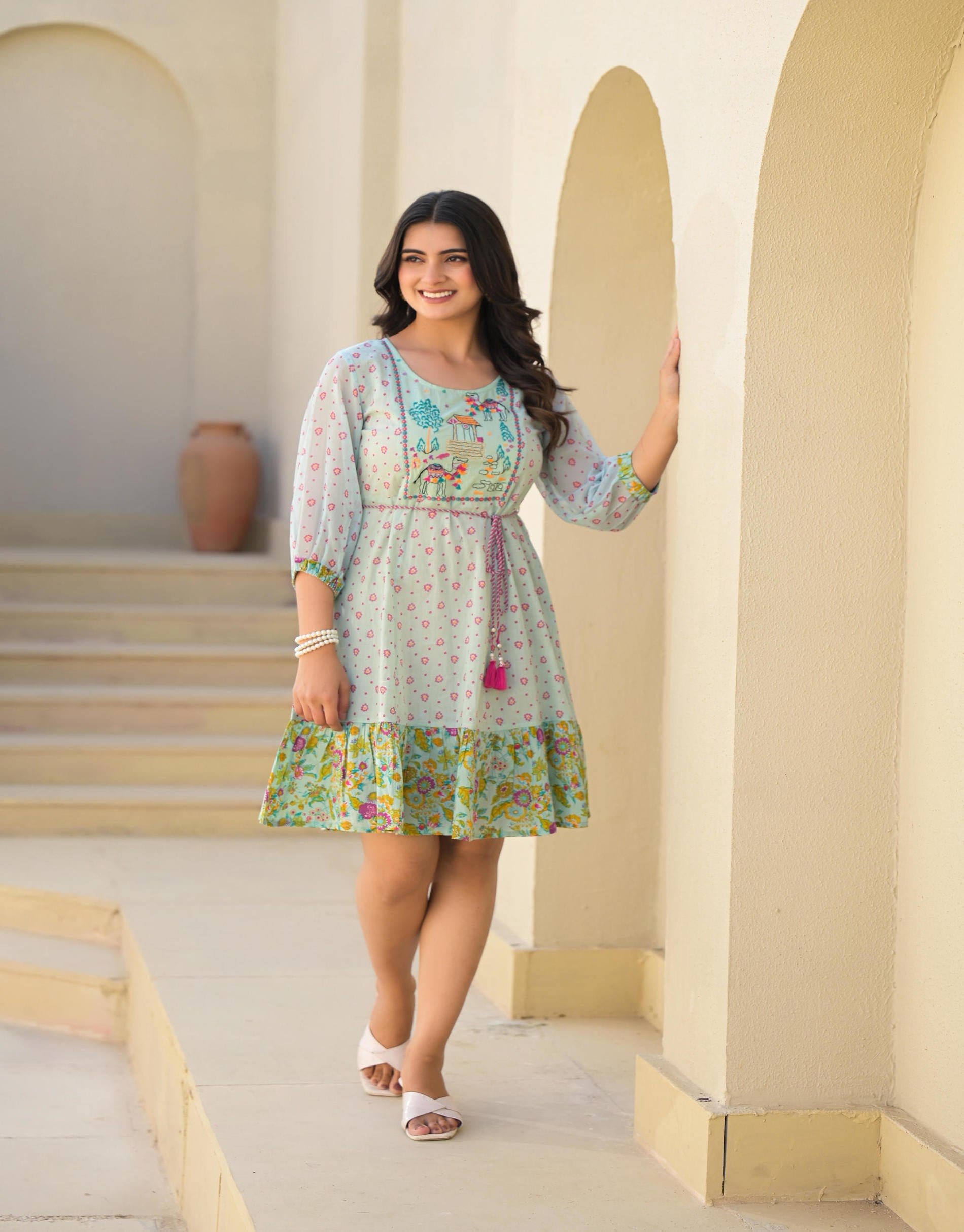 Juniper Mint Green Ethnic Motif Printed Short Dress With Dori