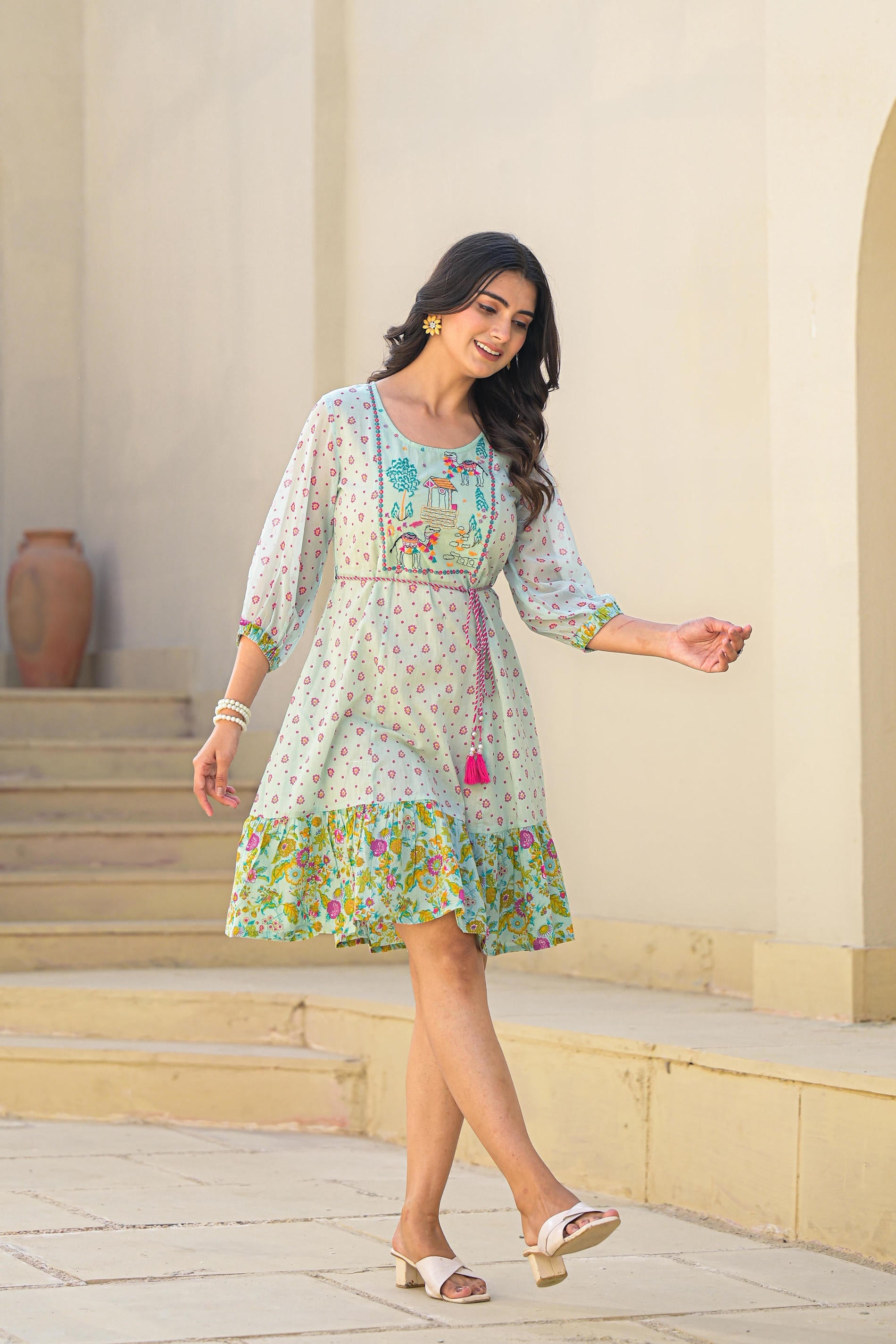 Juniper Mint Green Ethnic Motif Printed Short Dress With Dori