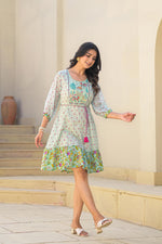 Thumbnail for Juniper Mint Green Ethnic Motif Printed Short Dress With Dori
