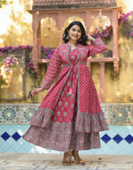 Thumbnail for Juniper Maroon Floral Printed Cotton Long Dress With Shrug