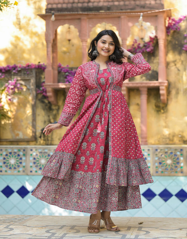 Juniper Maroon Floral Printed Cotton Long Dress With Shrug